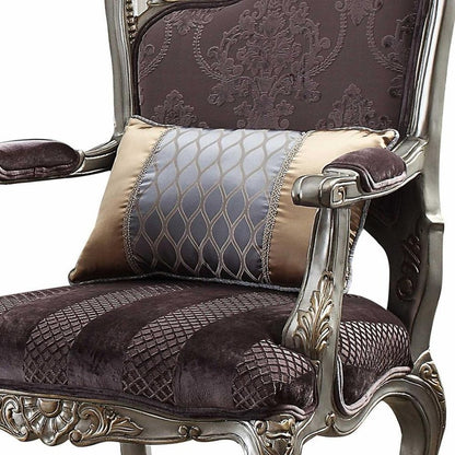 29" Purple Velvet and Wood Floral Arm Chair And Toss Pillow