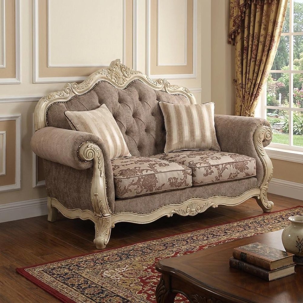 69" Gray And Off White Damask Chesterfield Loveseat and Toss Pillows