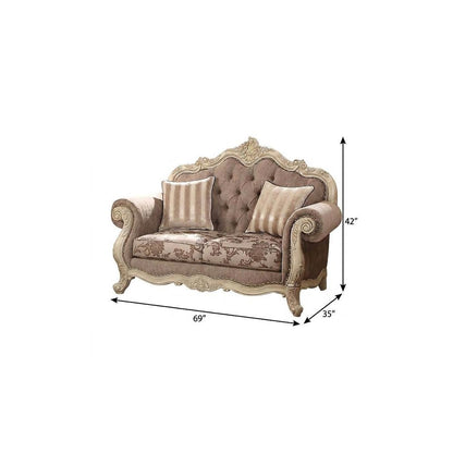 69" Gray And Off White Damask Chesterfield Loveseat and Toss Pillows