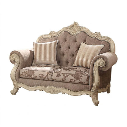 69" Gray And Off White Damask Chesterfield Loveseat and Toss Pillows