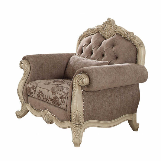 35" Brown and Champagne Linen Damask Tufted Arm Chair And Toss Pillow
