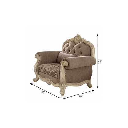 35" Brown and Champagne Linen Damask Tufted Arm Chair And Toss Pillow