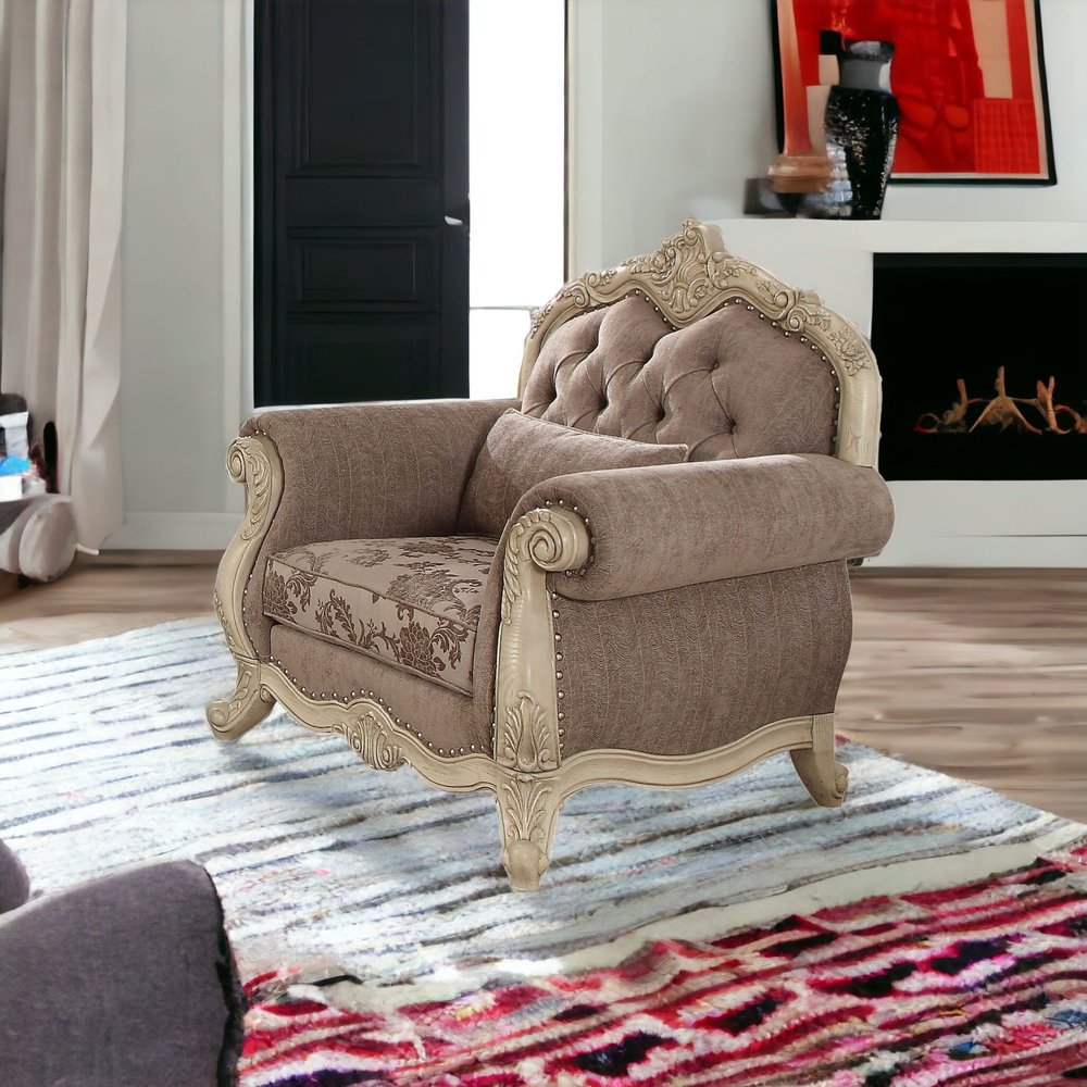 35" Brown and Champagne Linen Damask Tufted Arm Chair And Toss Pillow
