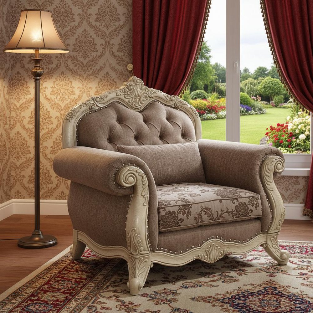 35" Brown and Champagne Linen Damask Tufted Arm Chair And Toss Pillow