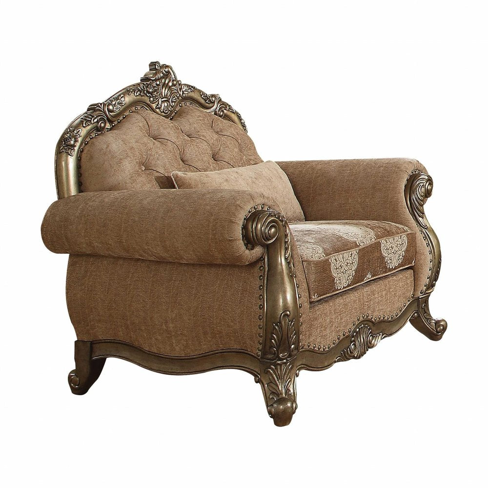 35" Gray and Antiqued White Fabric Floral Tufted Chesterfield Chair And Toss Pillow