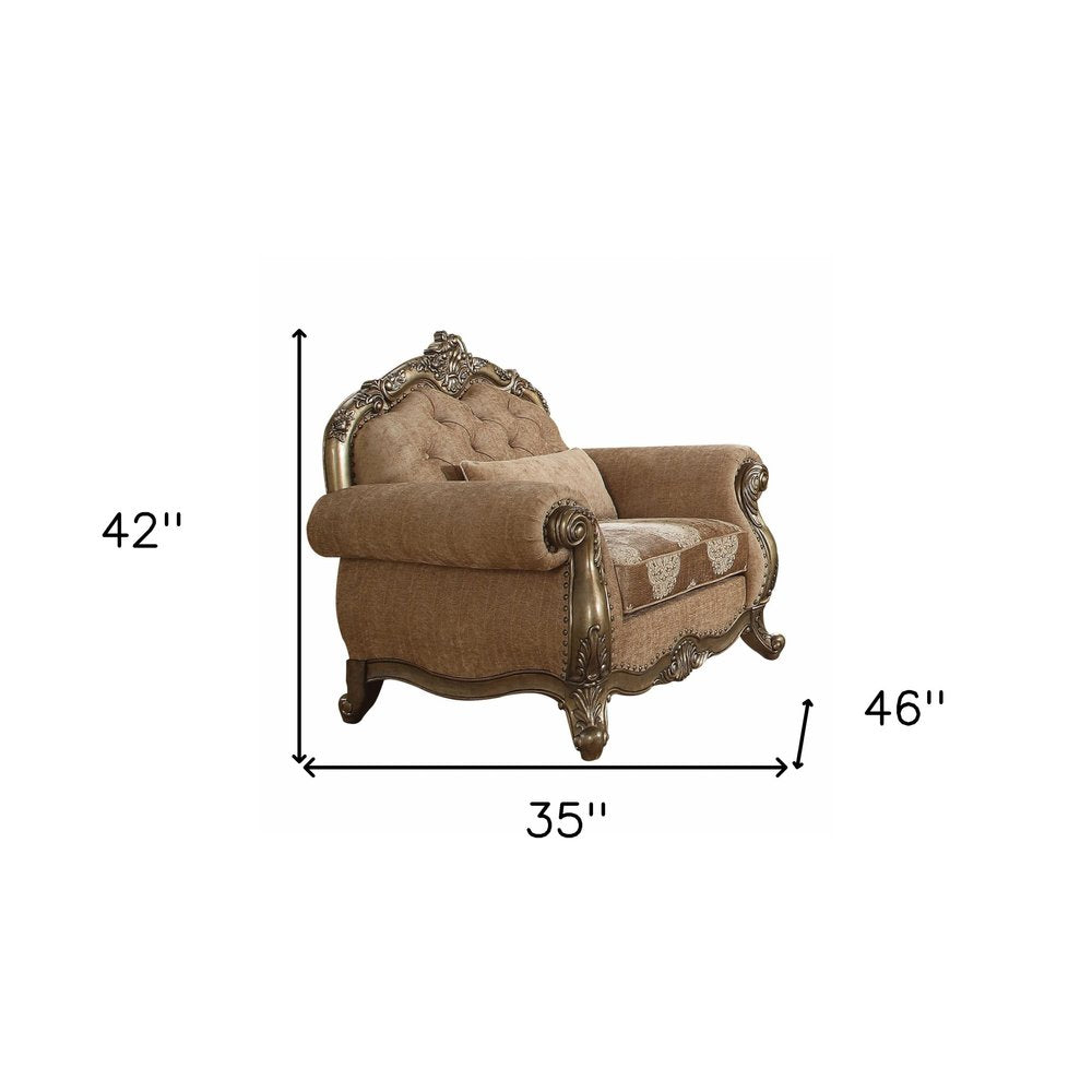35" Brown and Champagne Linen Damask Tufted Arm Chair And Toss Pillow