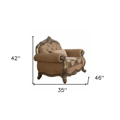 35" Brown and Champagne Linen Damask Tufted Arm Chair And Toss Pillow