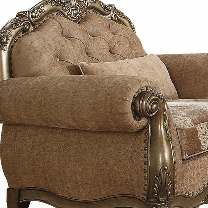 35" Brown and Champagne Linen Damask Tufted Arm Chair and Toss Pillow