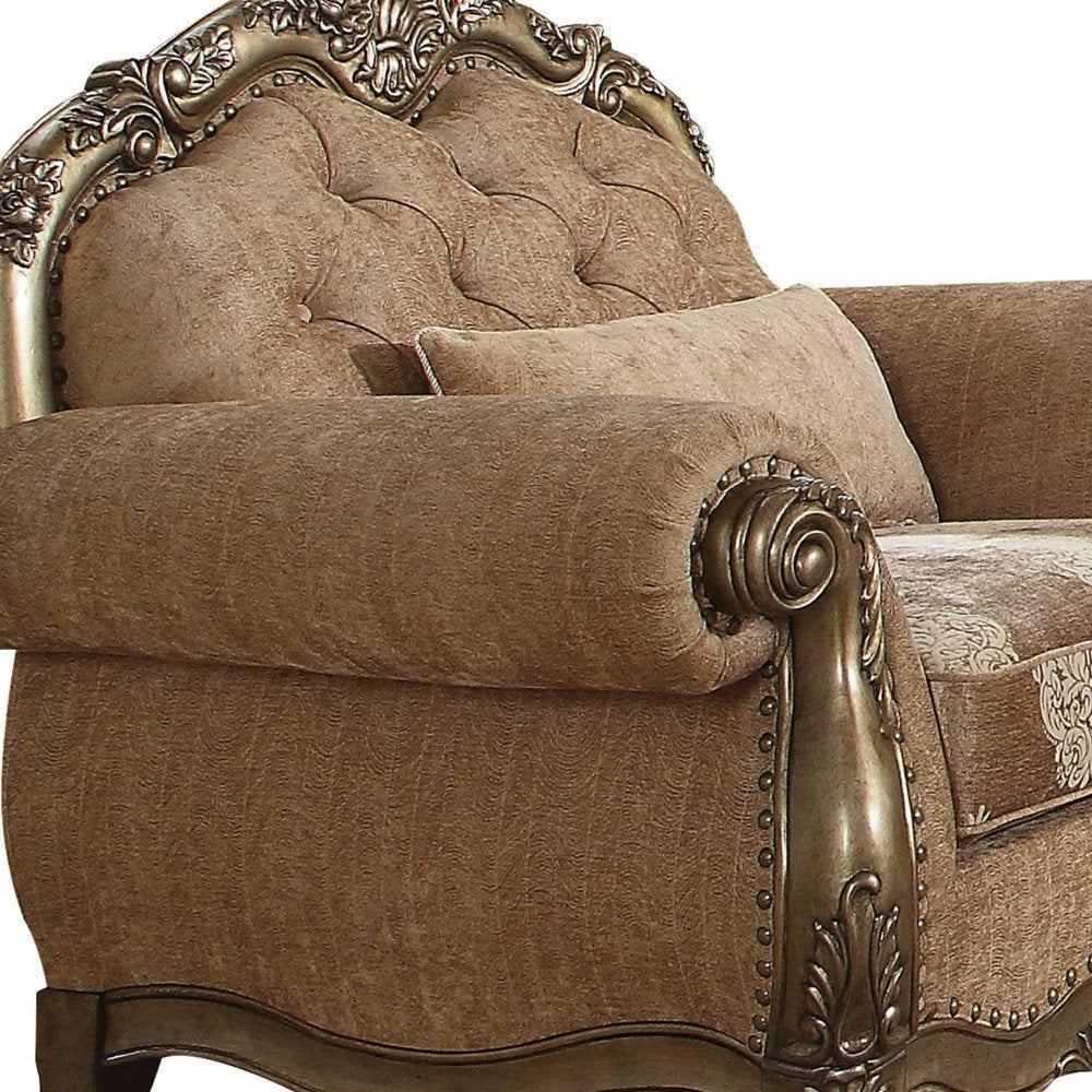 35" Brown and Champagne Linen Damask Tufted Arm Chair And Toss Pillow