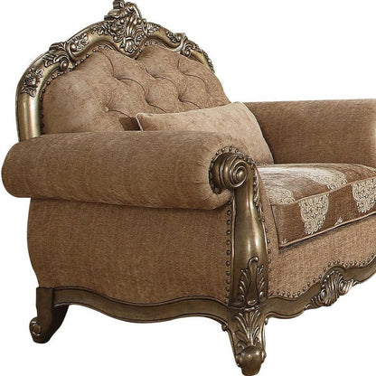 35" Gray and Antiqued White Fabric Floral Tufted Chesterfield Chair And Toss Pillow