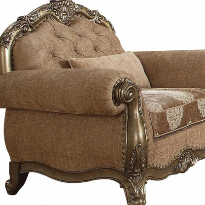 35" Brown and Champagne Linen Damask Tufted Arm Chair And Toss Pillow