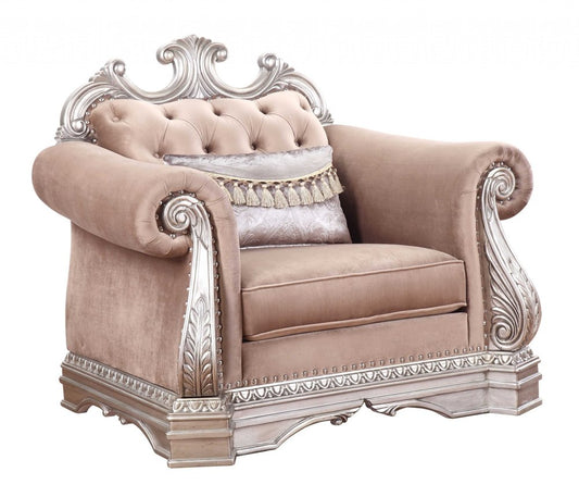 42" Cherry Blossom Pink and Silver Velvet Tufted Arm Chair And Toss Pillow