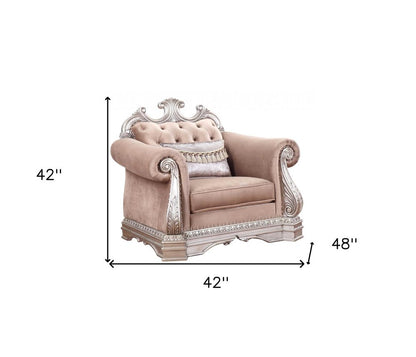 42" Cherry Blossom Pink Tufted Velvet and Wood Arm Chair And Toss Pillow