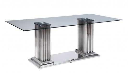 39" Clear And Silver Glass And Stainless Steel Trestle Base Dining Table