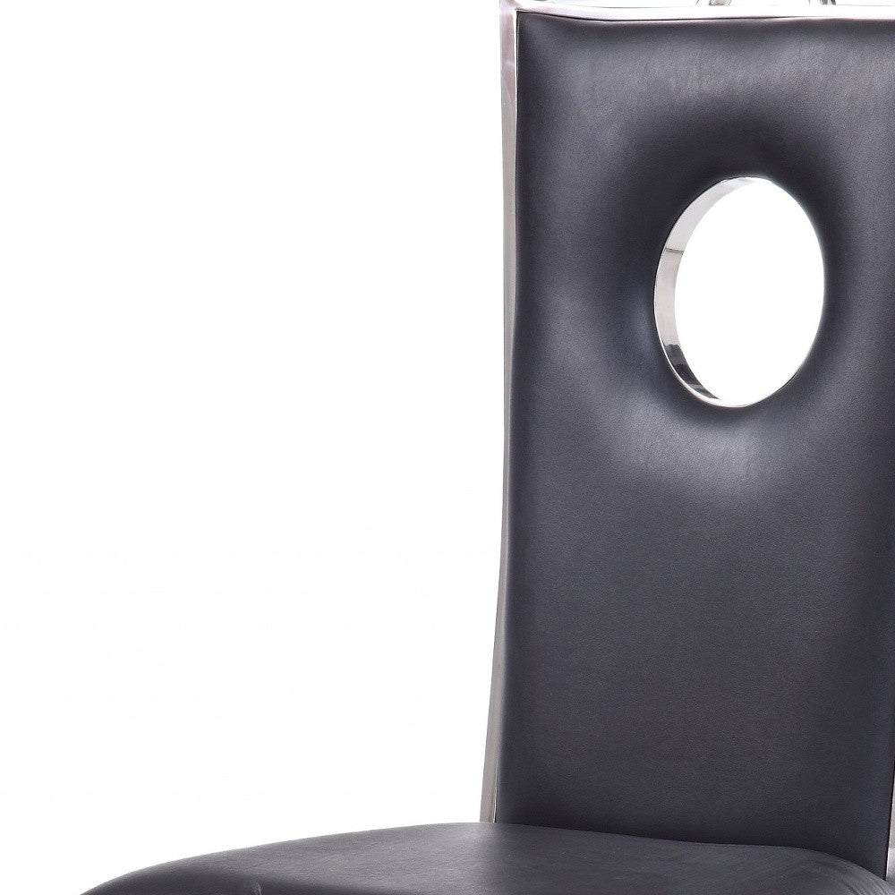 Set of Two Black And Silver Upholstered Faux Leather Dining Side Chairs