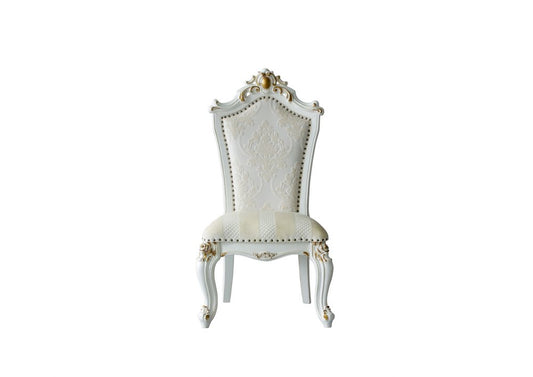 Set of Two 27" Beige and White Faux Leather Damask Side Chair