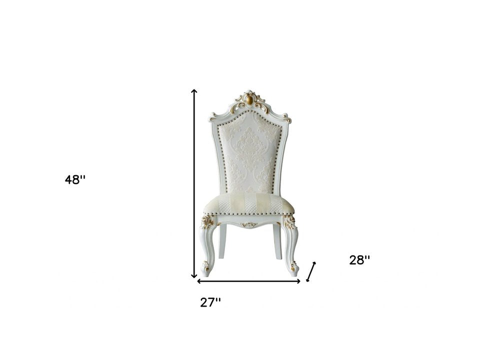 Set of Two 27" Beige and White Faux Leather Damask Side Chair