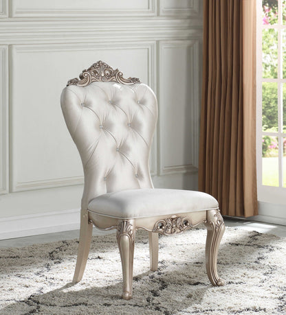 Set of Two Cream And Antiqued White Upholstered Fabric Queen Anne Back Dining Side Chairs