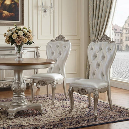 Set of Two Cream and Antiqued White Upholstered Fabric Queen Anne Back Dining Side Chairs
