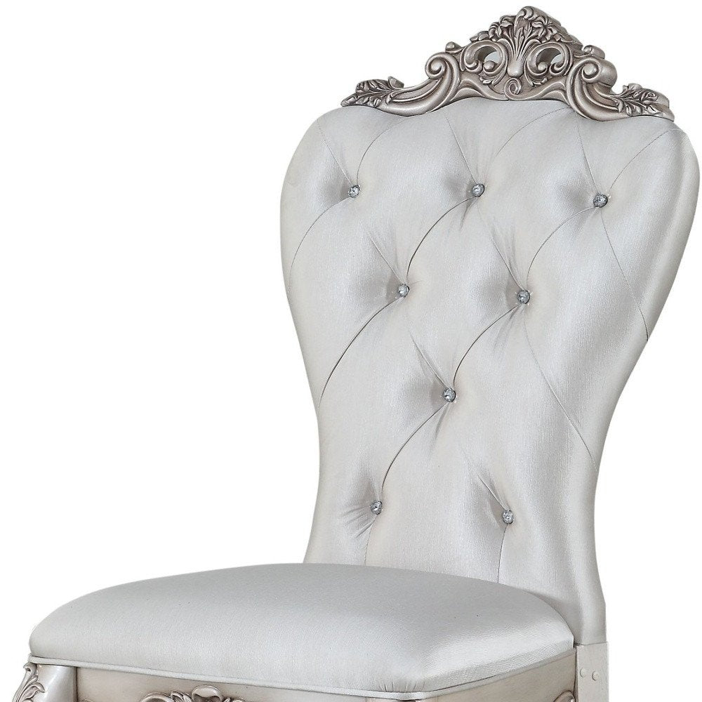 Set of Two Cream and Antiqued White Upholstered Fabric Queen Anne Back Dining Side Chairs