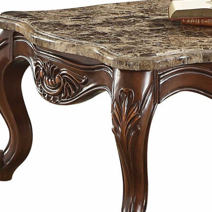 58" Brown Genuine Marble And Solid Wood Coffee Table