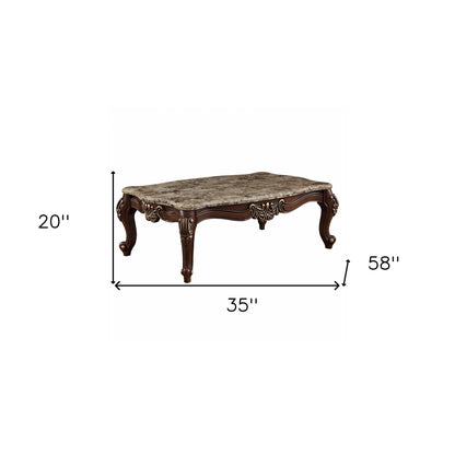 58" Brown Genuine Marble And Solid And Manufactured Wood Coffee Table