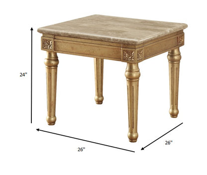 24" Antique Gold And White Faux Marble Square End Table