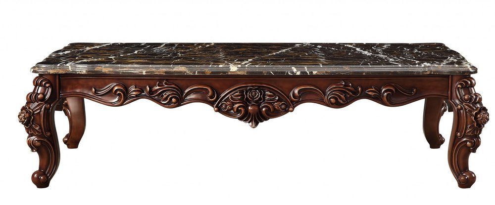 40" Dark Brown and Merlot Genuine Marble And Solid Wood Coffee Table