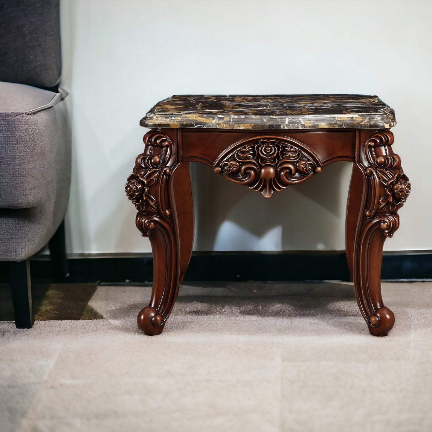 25" Walnut And Brown Faux Marble Square End Table