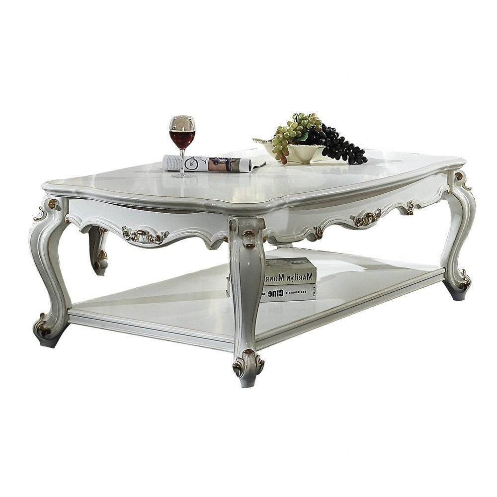 36" White Resin And Wood Coffee Table With Shelf