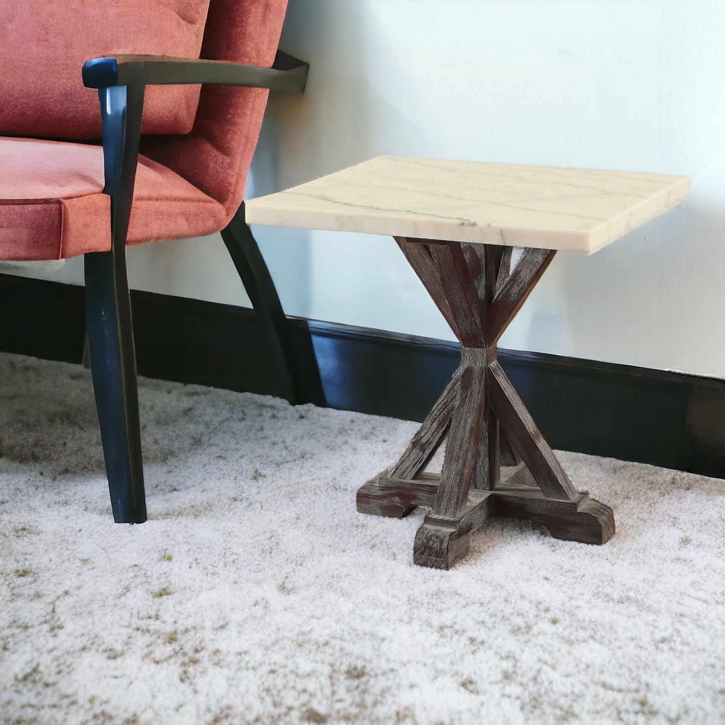 24" Espresso And White Faux Marble Square End Table