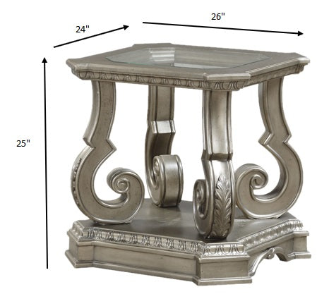 26" Silver And Clear Glass And Wood End Table With Shelf