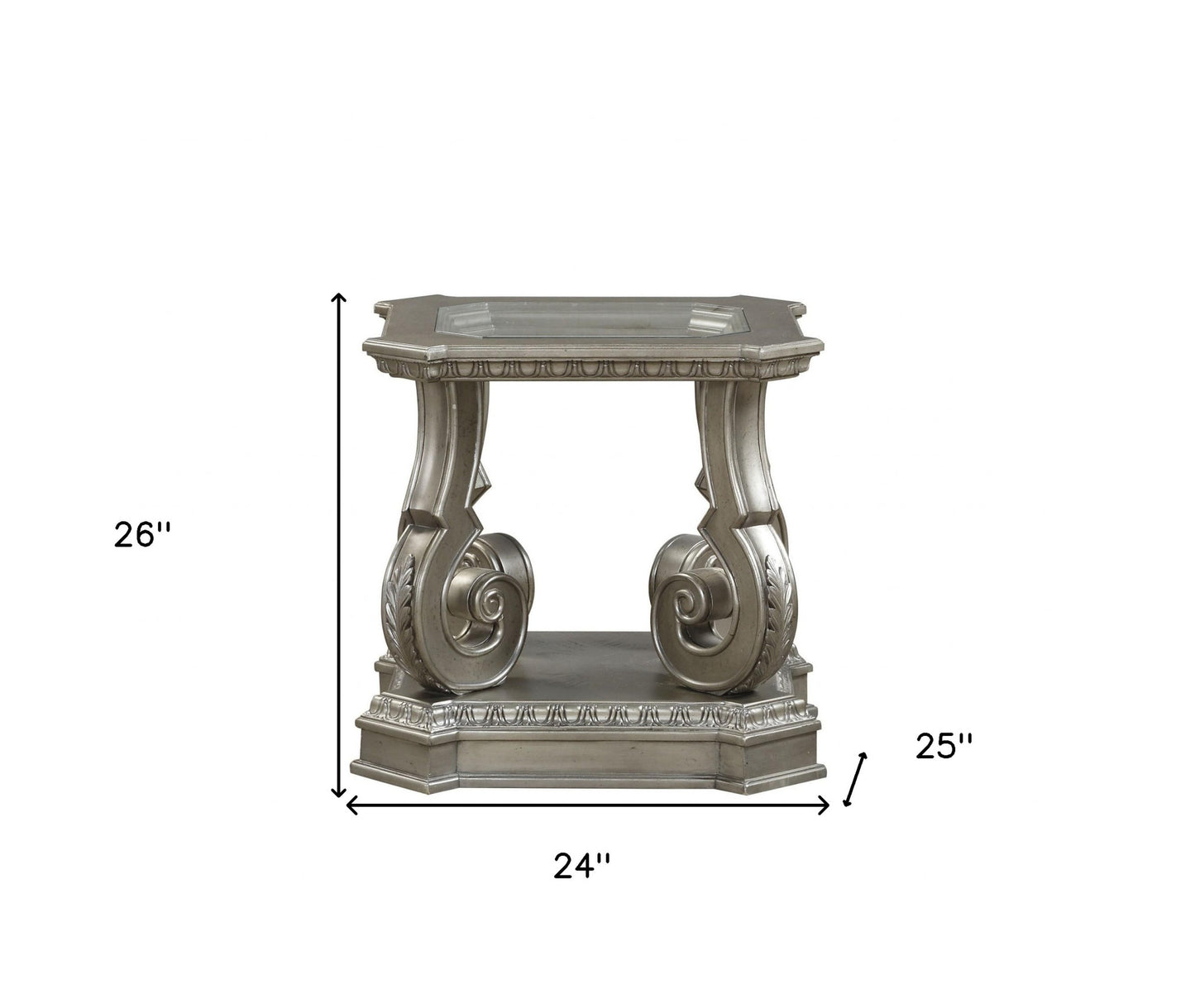 26" Silver And Clear Glass And Wood End Table With Shelf