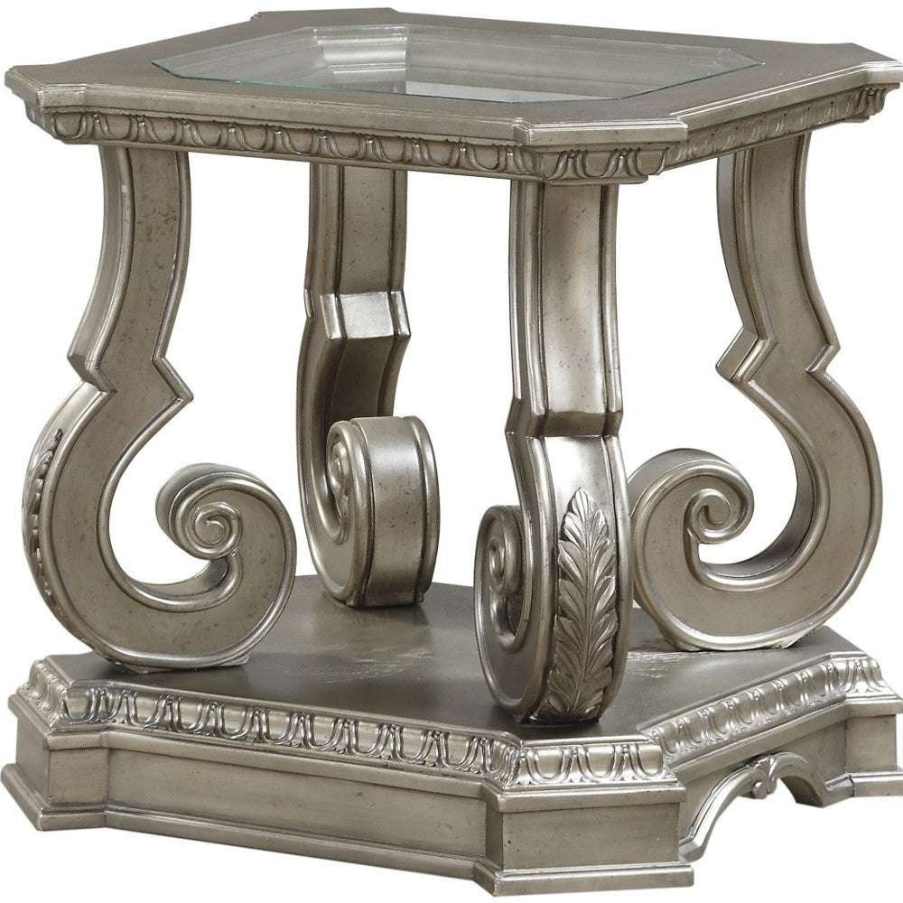 26" Silver And Clear Glass And Wood End Table With Shelf