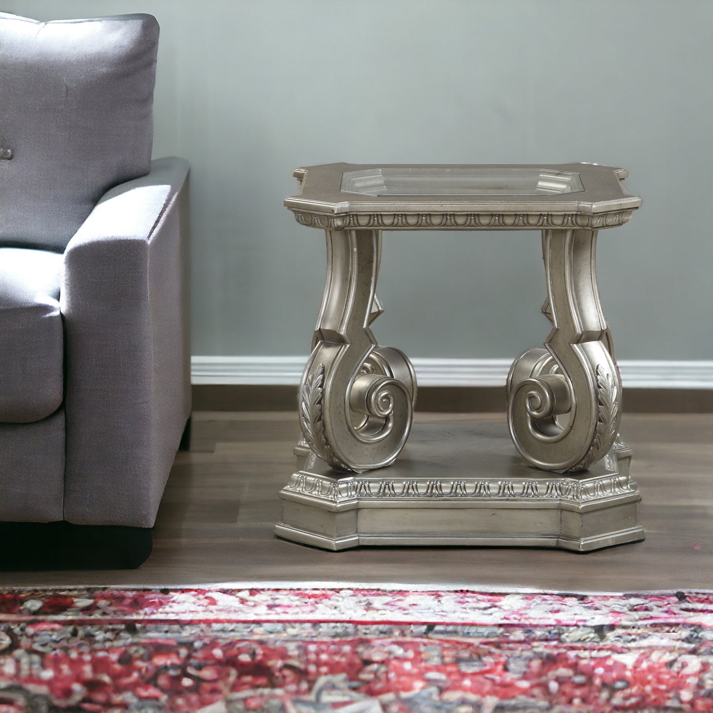 26" Silver And Clear Glass And Wood End Table With Shelf