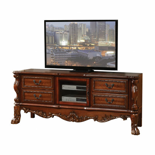 79" Brown Wood And Glass Carved Scrollwork Entertainment Center