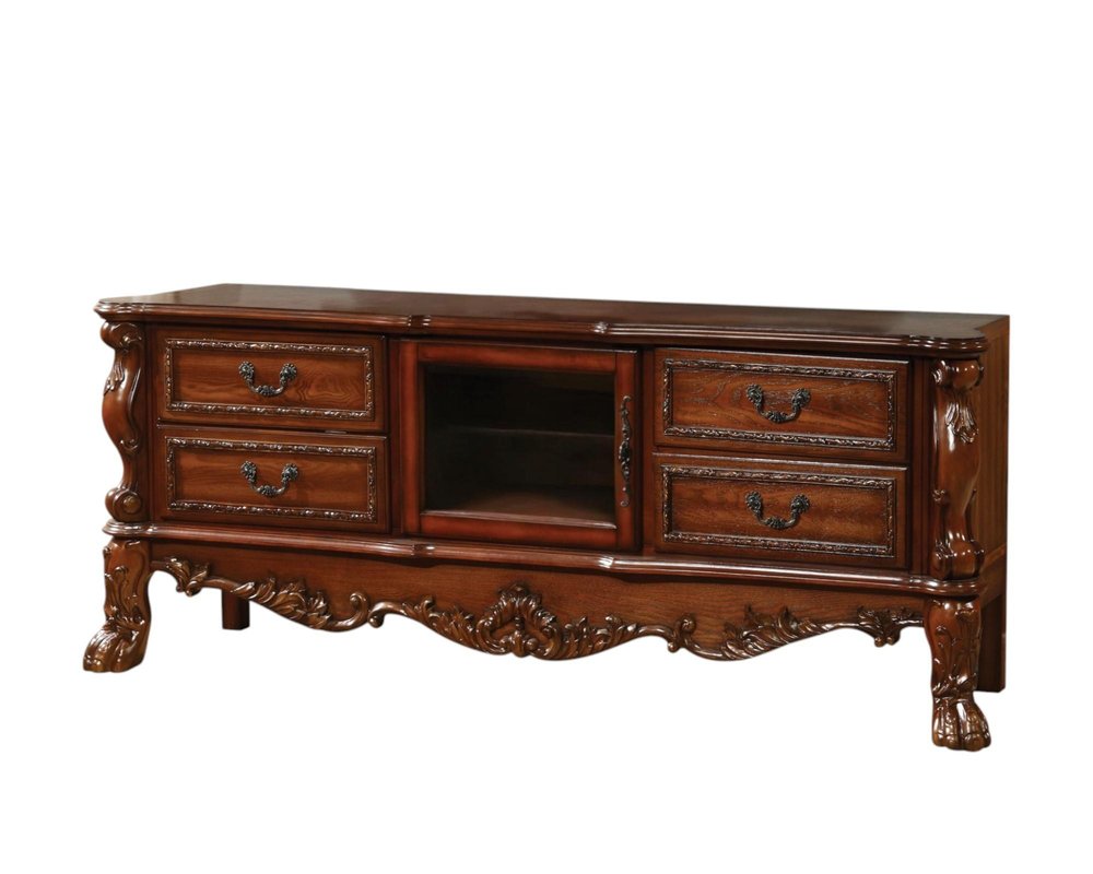79" Brown Wood And Glass Carved Scrollwork Entertainment Center