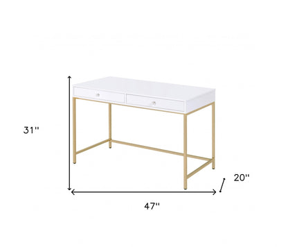 47" White and Gold Computer Desk With Two Drawers