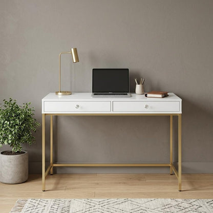 47" White and Gold Computer Desk With Two Drawers