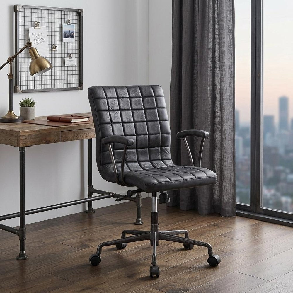 24" X 25" X 36" Vintage Black Top Grain Leather Aluminum Metal Upholstered (Seat) Casters Engineered Wood Executive Office Chair