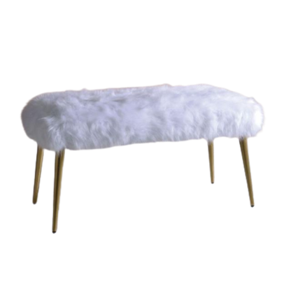 18" White and Gold Upholstered Faux Fur Bench