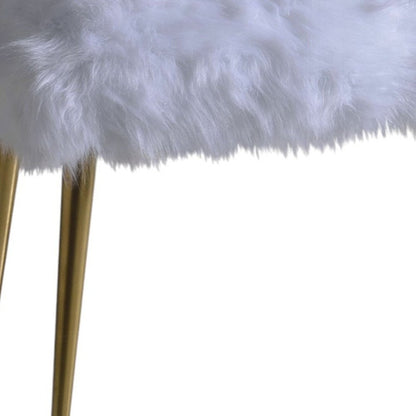 38" White And Gold Faux Fur And Metal Upholstered Bench