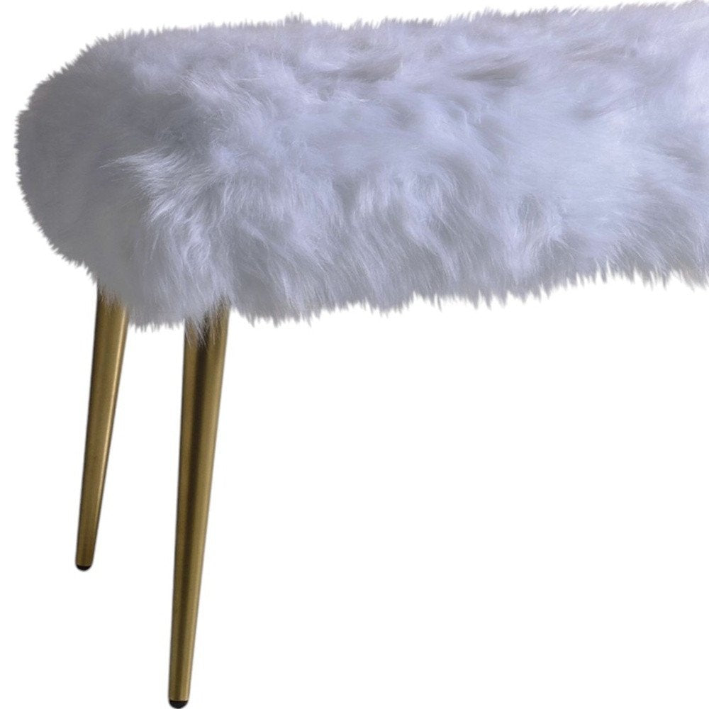 38" White And Gold Faux Fur And Metal Upholstered Bench