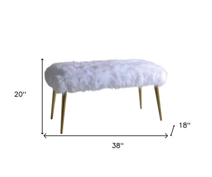 38" White And Gold Faux Fur And Metal Upholstered Bench