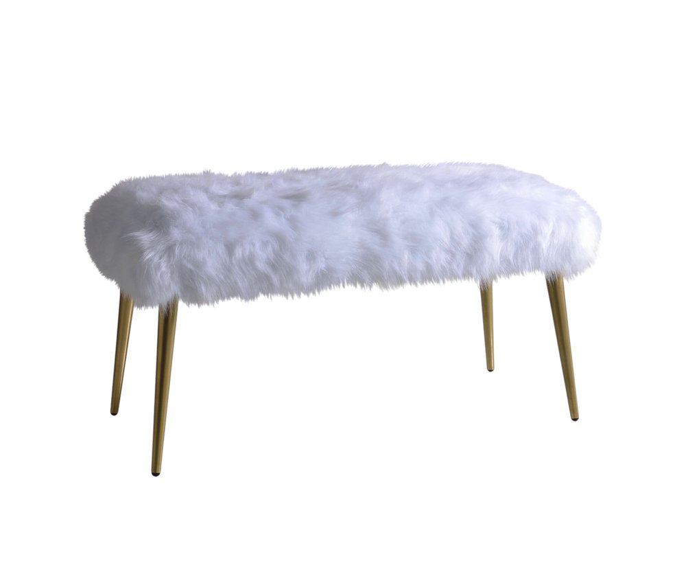 38" White And Gold Faux Fur And Metal Upholstered Bench