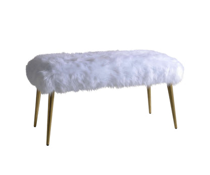 38" White And Gold Faux Fur And Metal Upholstered Bench