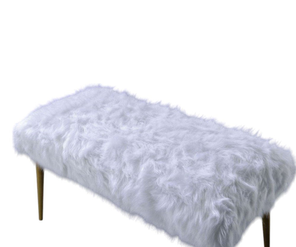 38" White And Gold Faux Fur And Metal Upholstered Bench