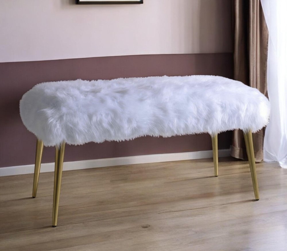 38" White And Gold Faux Fur And Metal Upholstered Bench
