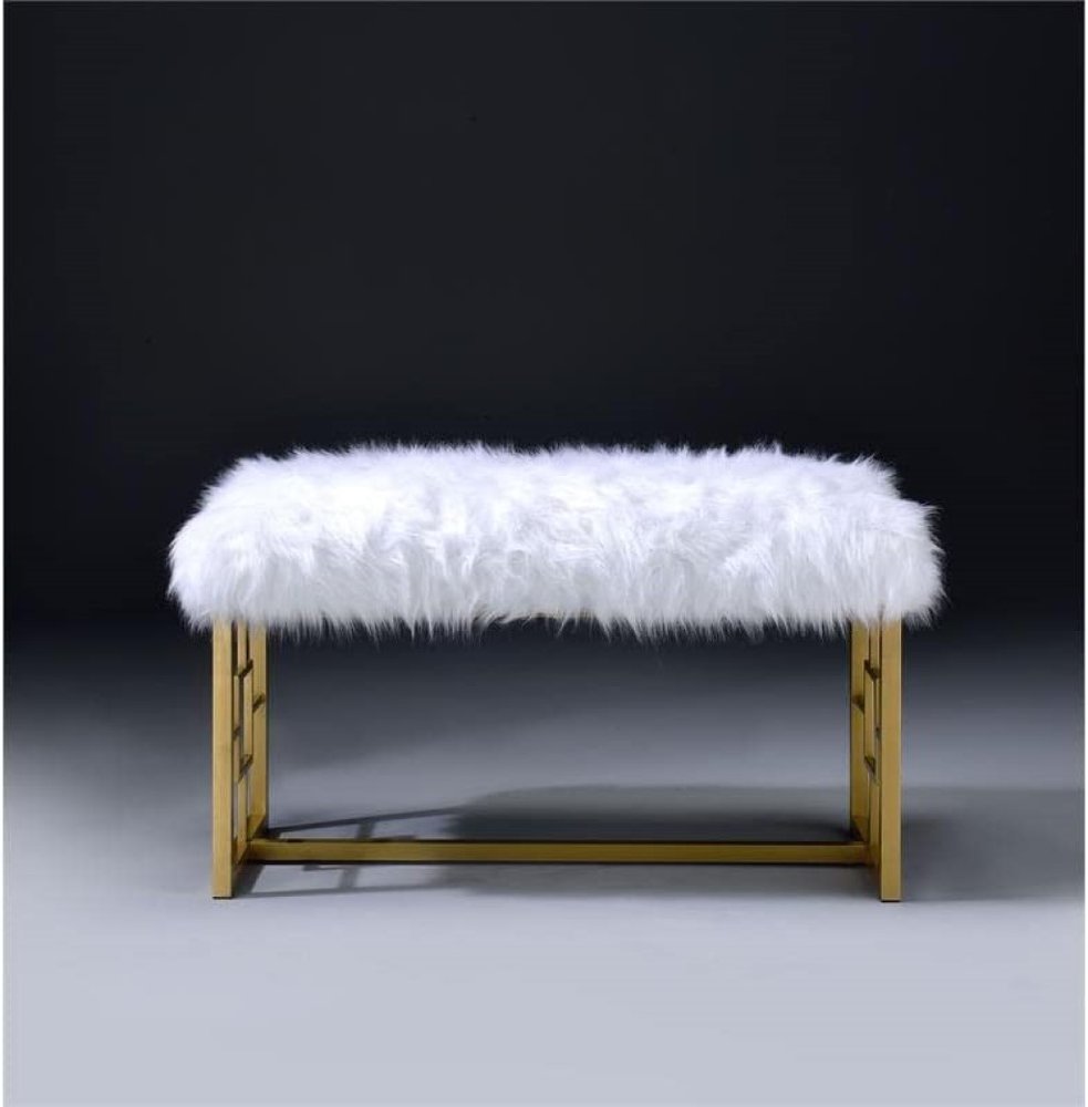 38" White And Gold Faux Fur And Metal Upholstered Bench