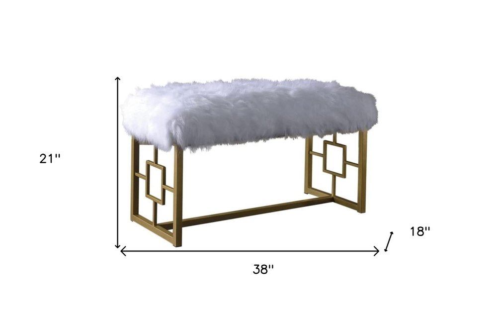 38" White And Gold Faux Fur And Metal Upholstered Bench